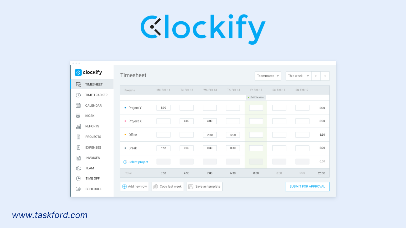 Clockify's timesheet for multiple employees