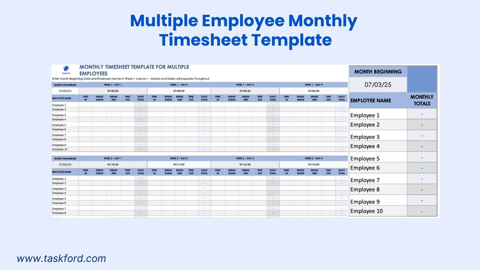 Multiple Employee Monthly Timesheet Template