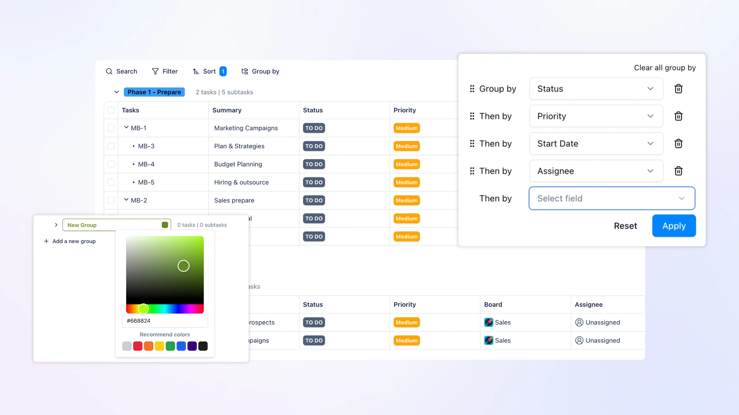 Dashboard with filtering and color picker options