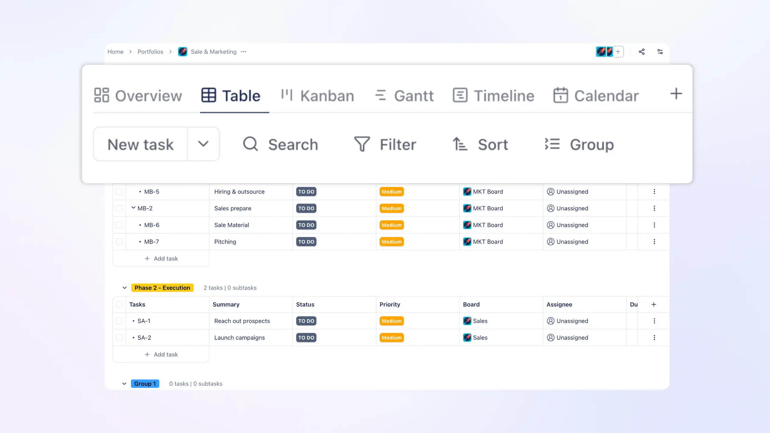 TaskFord visual task views showing multiple layout options including Kanban, timeline, and calendar views.
